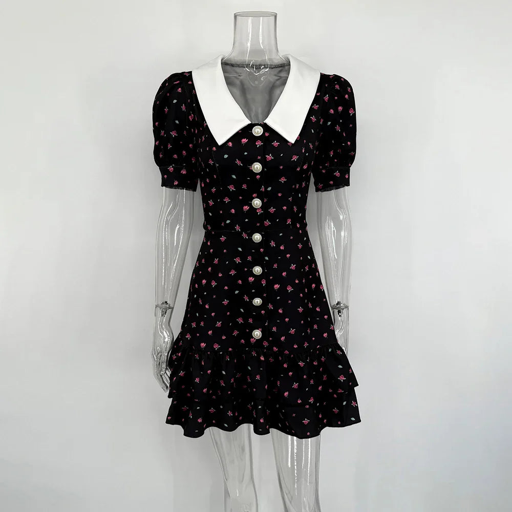 V-Neck Print Patchwork High Waist Mini Dress