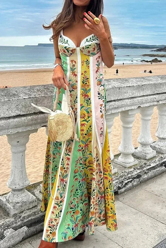 Floral Printed Slim High Waist Sleeveless Pleated Maxi Dress