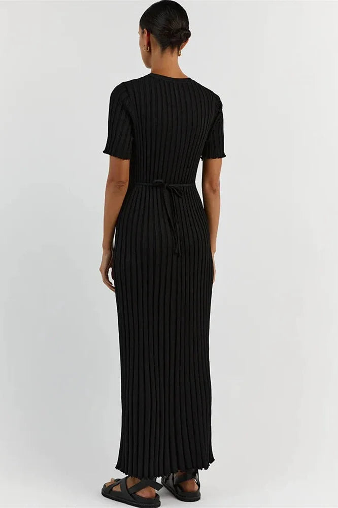 Short Sleeve Lace-Up High Waist Patchwork Maxi Dress