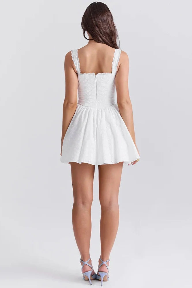 Embroidered Belted V Neck Sleeveless A-line Mini Dress