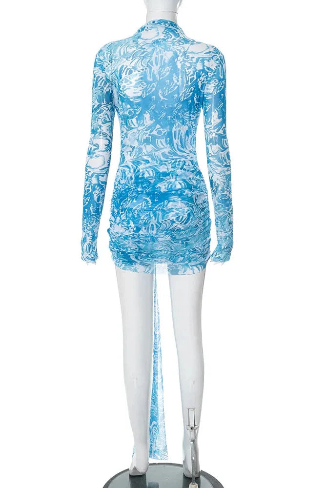 Elegant Printed Long Sleeve Slim Mini Dress