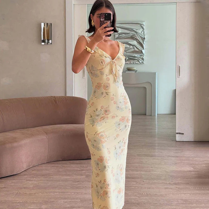 Printed V-Neck Sleeveless Slim Maxi Dress