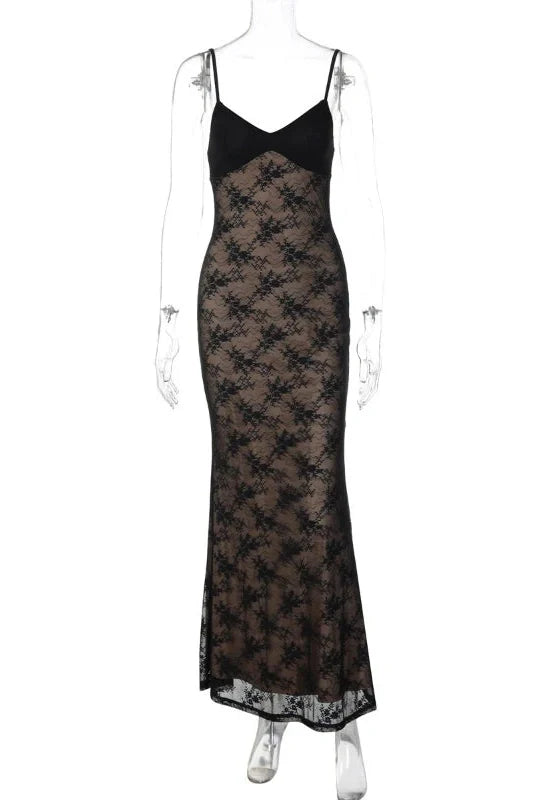 Lace Patchwork V-Neck Backless Slim Maxi Dress