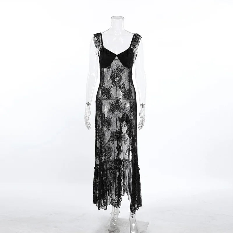 See Through Patchwork Split Backless Maxi Dress