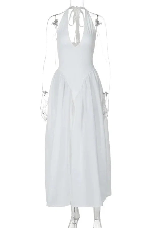 Deep V Neck High Waist Backless Midi Dress