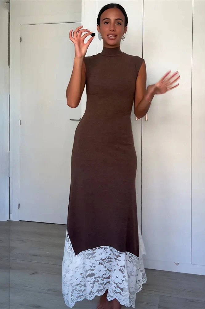 Lace Patchwork Sleeveless Slim High Waist Maxi Dress