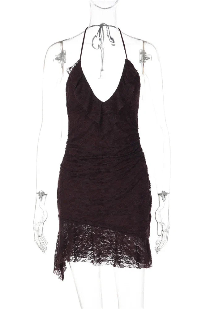 Hollow Out Lace  V-Neck Patchwork Bodycon Mini Dress