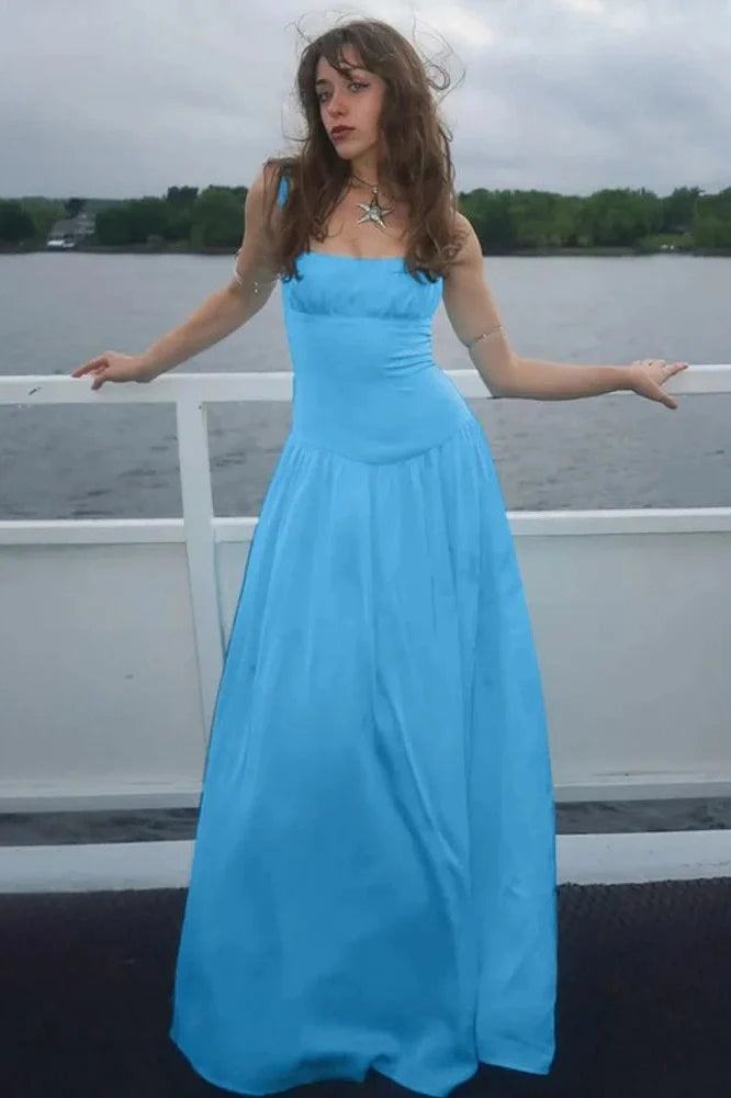 Spaghetti Strap Backless Sleeveless High Waist Pleated Maxi Dress