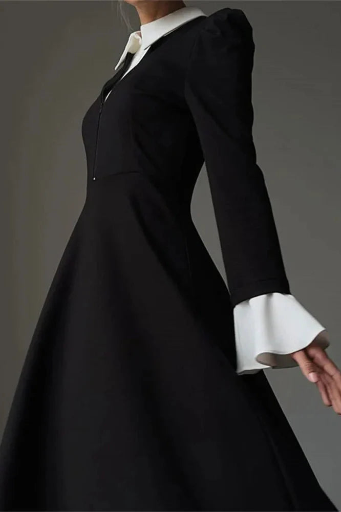 Patchwork Zipper High Waist Long Sleeve Midi Dress