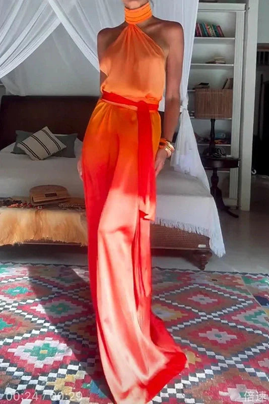 Hollow Sleeveless Slim Printed Backless High Waist Maxi Dress