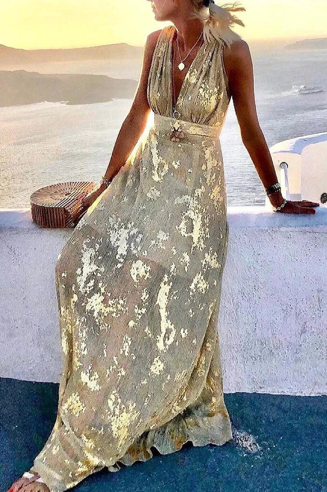 Hollow High Waist Printed Sleeveless Deep V Neck Maxi Dress
