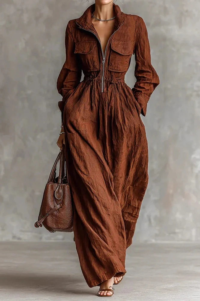 Elegant Pleated High Waist Long Sleeve Zipper Maxi Dress