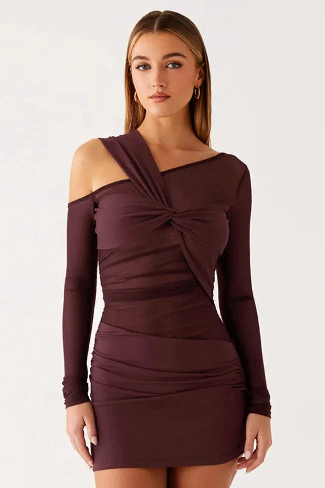 Inclined Shoulder Long Sleeve See Through Backless Mini Dress