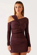 Inclined Shoulder Long Sleeve See Through Backless Mini Dress