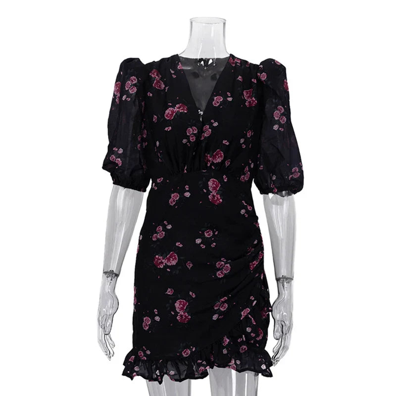 Printed Pleated Short Sleeve Slim Mini Dress