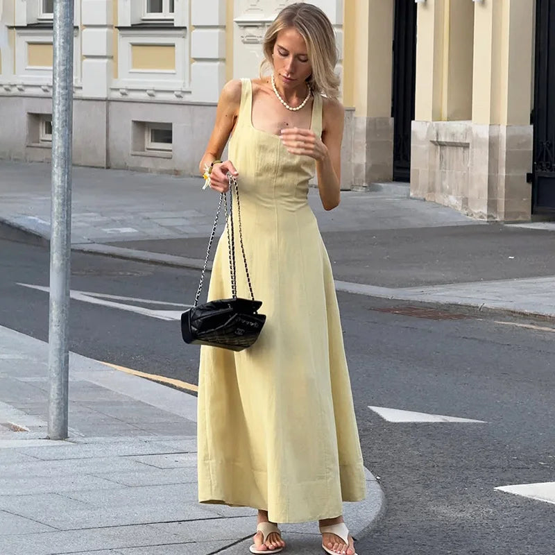 Elegant Square Neck Backless High Waist Sleeveless Maxi Dress
