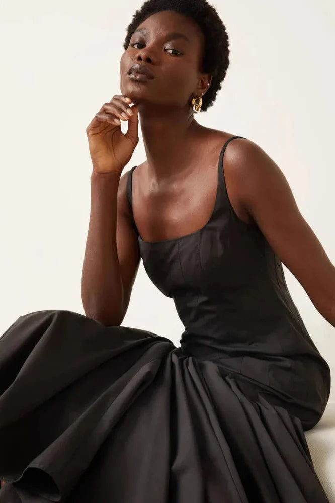 Spaghetti Strap Backless Sleeveless High Waist Pleated Midi Dress