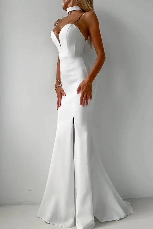 Hollow Out V-Neck Pleated High Waist Slim Maxi Dress