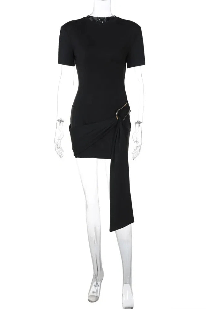 Short Sleeve Metal Buckle O Neck Bodycon Mini Dress