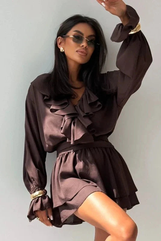 V-Neck Flared Sleeves High-Waisted A-Line Mini Dress