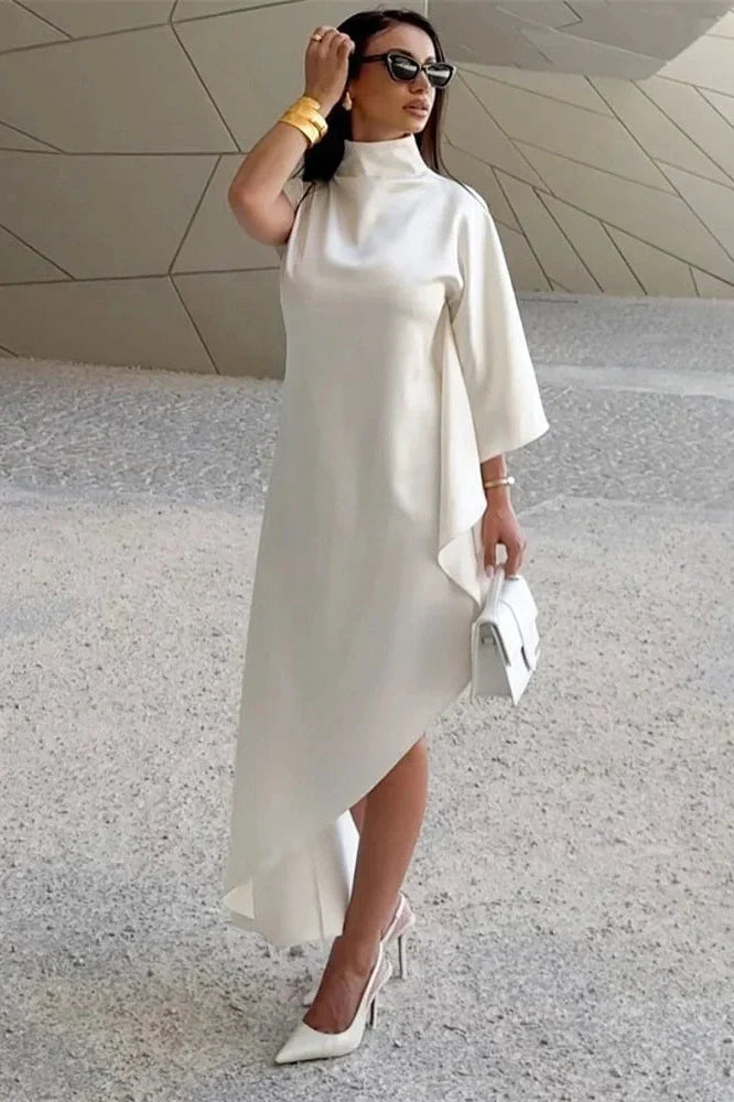 Turtleneck High Waist One-Shoulder Patchwork Maxi Dress