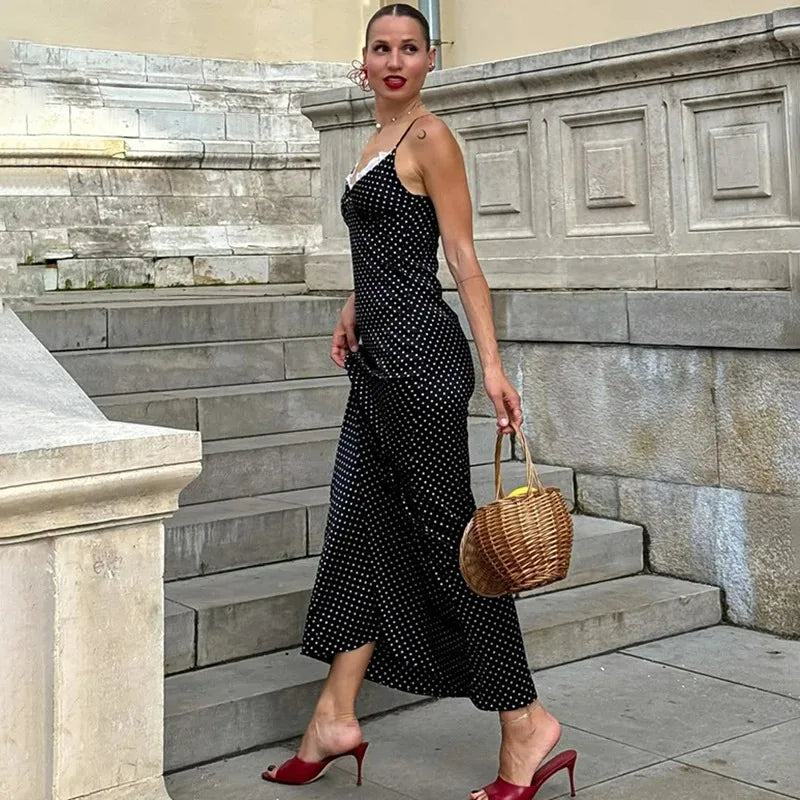V-Neck Polka Dot Lace Patchwork Sleeveless Maxi Dress