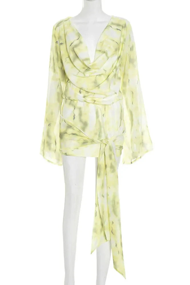 Tie Dye Print Long Sleeve Deep V Neck Mini Dress