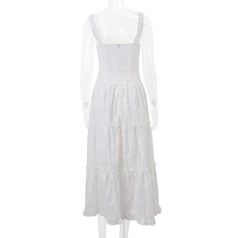 Lace Up Square Collar High Waisted Maxi Dress