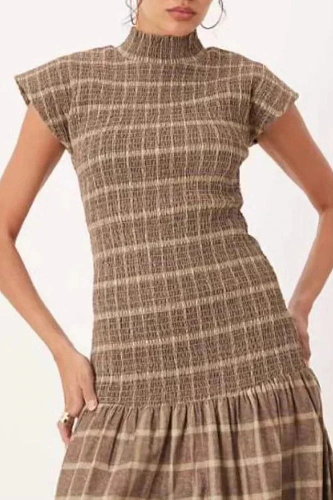 O-Neck Short Sleeve High Waist Pleated Printed Slim Maxi Dress