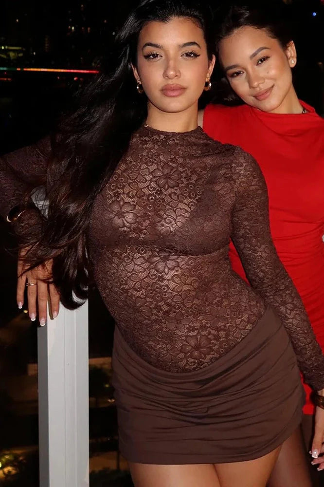 Lace See Through O Neck High Waist Long Sleeve Mini Dress