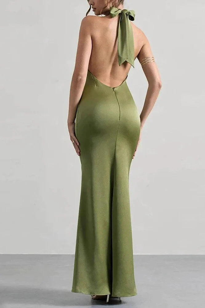 Off Shoulder High Waist Pleated Backless Slim Maxi Dress