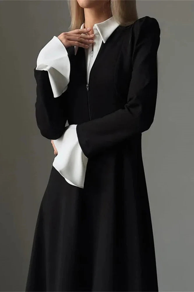 Patchwork Zipper High Waist Long Sleeve Midi Dress