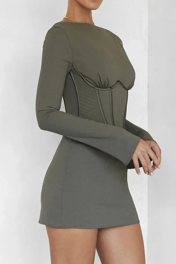 Full Sleeve O Neck Corset Backless Bodycon Mini Dress