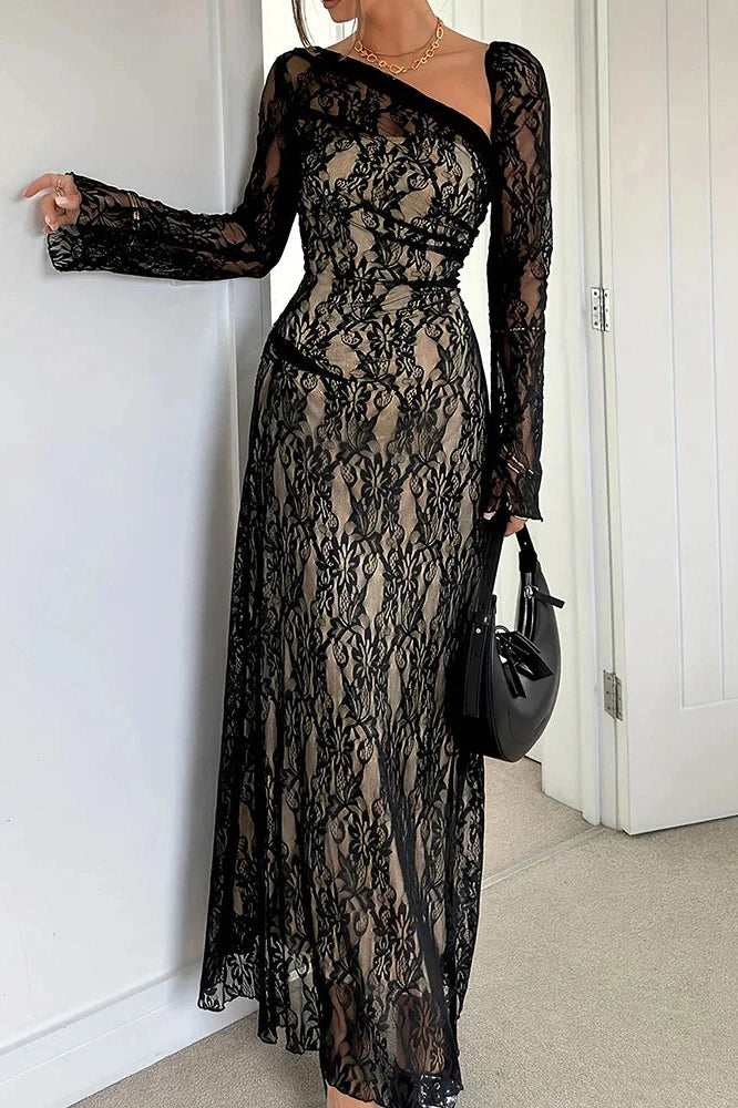 Flare Sleeve Pleated Slim Slash Collar Lace Embroidery Maxi Dress