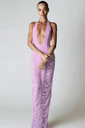Deep V Neck Patchwork Mesh High Waist Maxi Dress