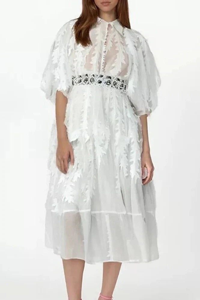 Elegant Loose Puff Sleeve High Waist Midi Dress