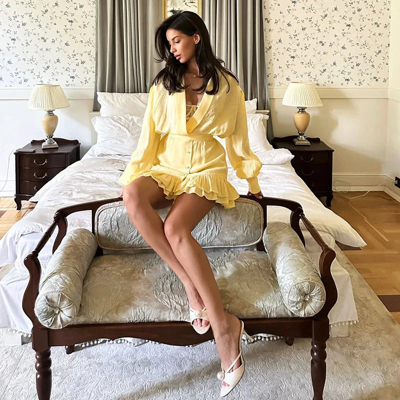 Deep V Neck Loose Lantern Sleeve Irregular Mini Dress