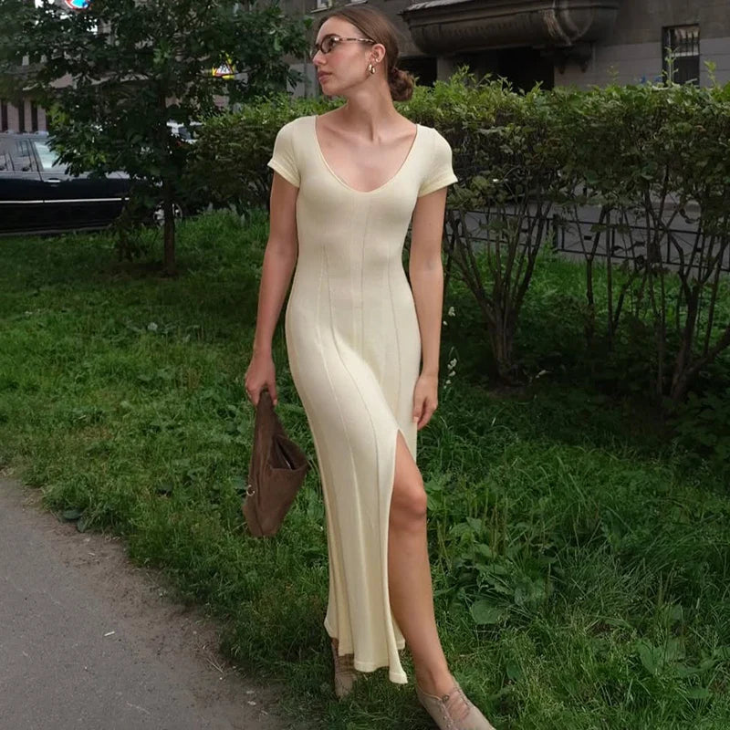 Knitted V-Neck Slit Short Sleeve Slim Maxi Dress