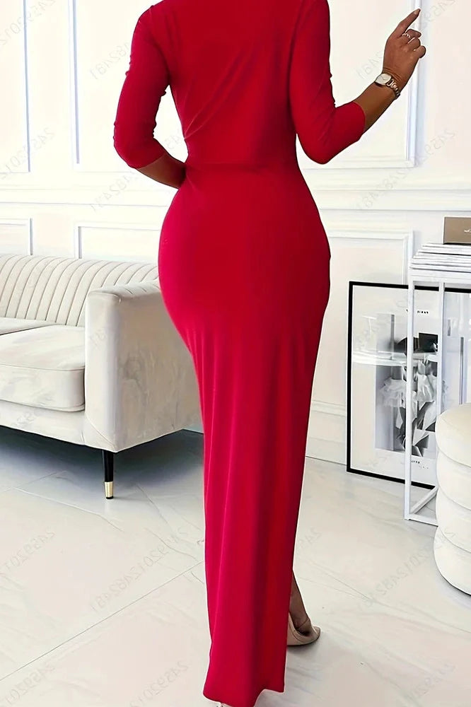 Elegant Slim Long Sleeve Split V-Neck High Waist Pleated Maxi Dress