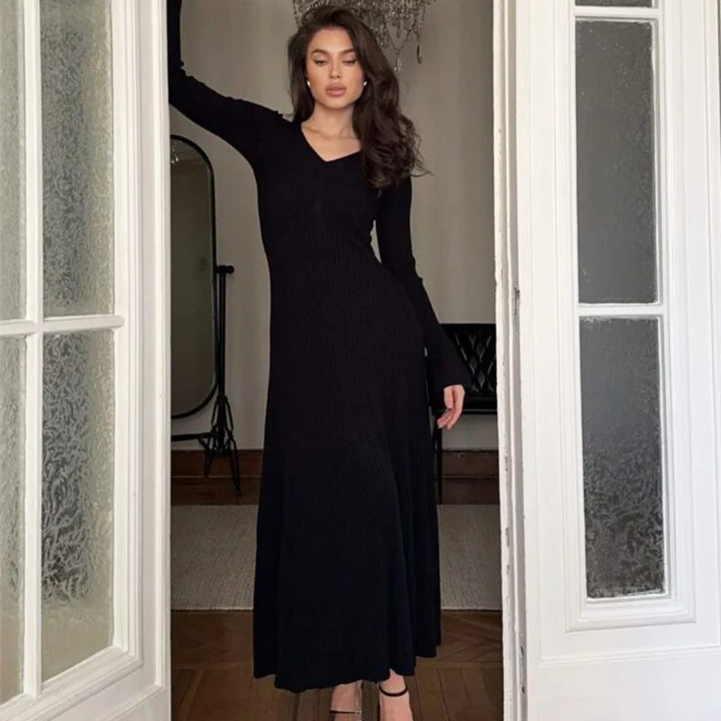 V-Neck High Waisted Long Sleeve Maxi Dress