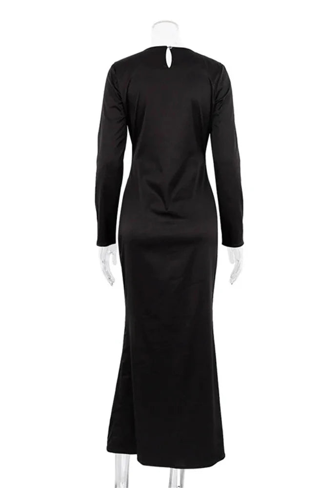 Hollow Out High Waist Slim Long Sleeve Zipper Maxi Dress