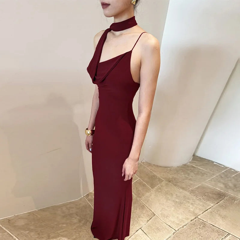 V Neck Backless Scarf Ribbon Patchwork Sleeveless Maxi Dress