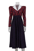 Printed V-Neck Patchwork Long Sleeve High Waist Midi Dress