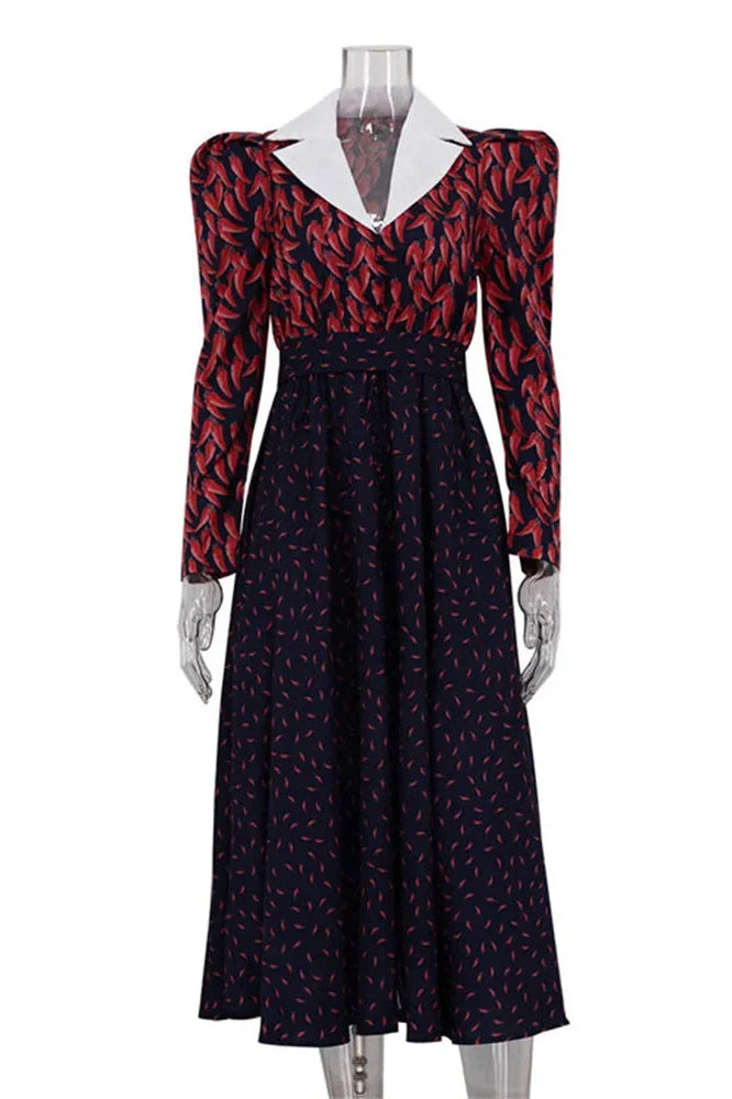 Printed V-Neck Patchwork Long Sleeve High Waist Midi Dress