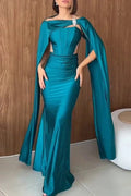Hollow Out Shawl Long Sleeve High Waist Pleated Maxi Dress