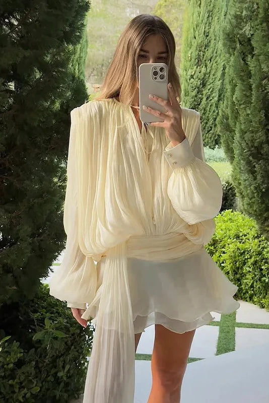 Elegant Long Sleeve High Waist Lace-Up Mini Dress