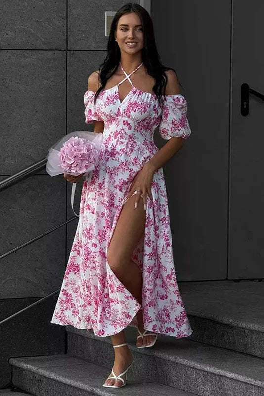 Off Shoulder Floral Print Short-Sleeved Lace-Up Slit Maxi Dress