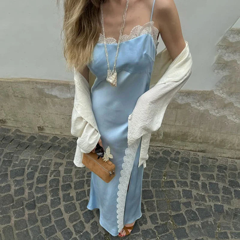 Elegant Patchwork Sleeveless Lace Split High Waist Maxi Dress