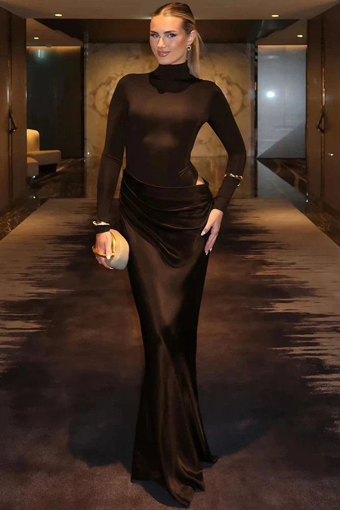 Hollow Out Long Sleeve Turtleneck Bodycon Maxi Dress