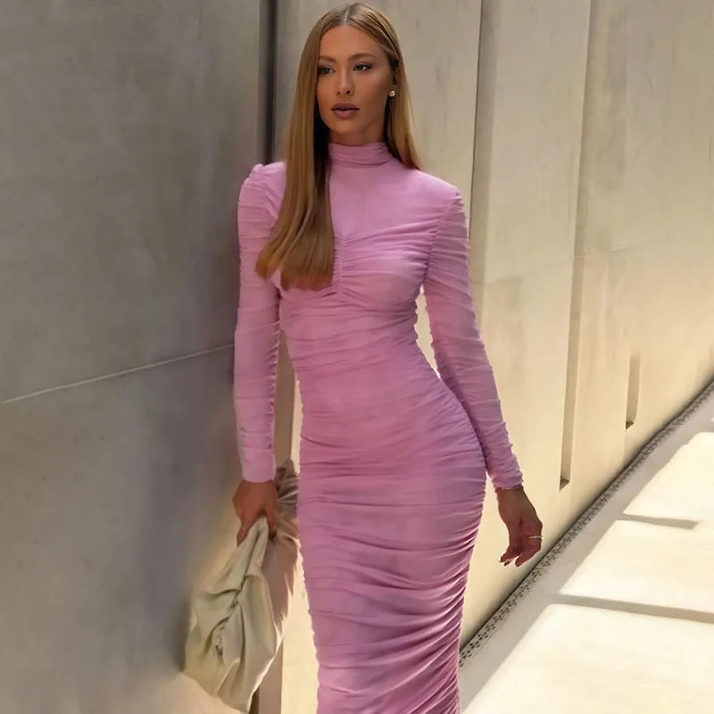 Pleated Turtleneck Long Sleeve Slim Midi Dress